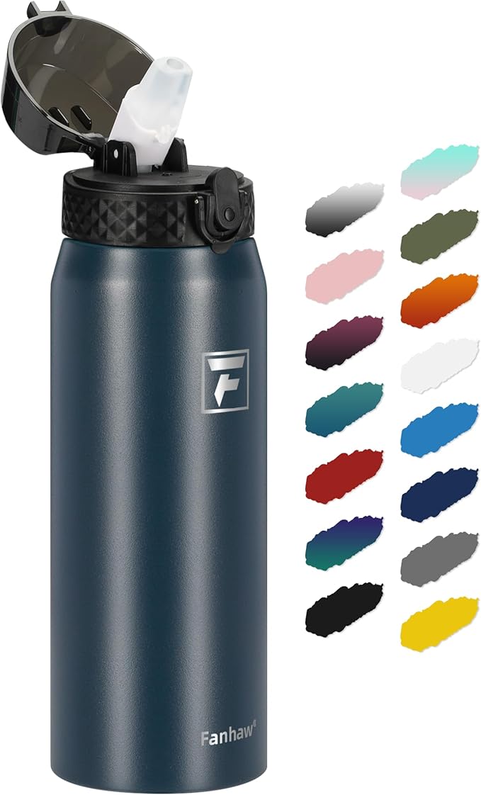 Fanhaw 24 oz Insulated Stainless Steel Water Bottle with Straw Lid, Leakproof & Anti-Dust Sports Bottle for Kids, Women & Men (Navy Blue)