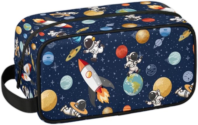 Kids Toiletry Bag for Boys Girls, Space Theme Travel Toiletry Bag Hanging Dopp Kit Cosmetic Bag Makeup Bag Shower Shaving Bag for Toiletries Accessories