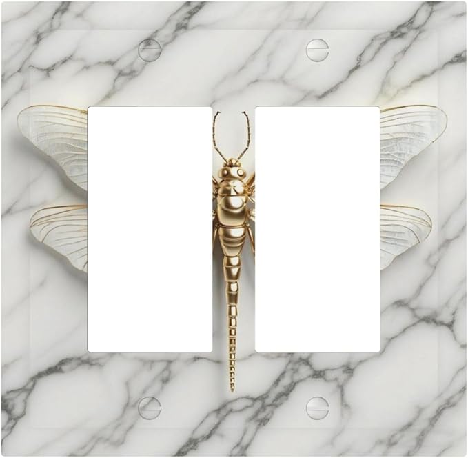 White Gold Marble Dragonfly Abstract Modern Decorative Outlet Covers 2 Gang Double GFCI Rocker Electrical Wall Panels Light Switch Cover Plate for Bathroom Home Decor