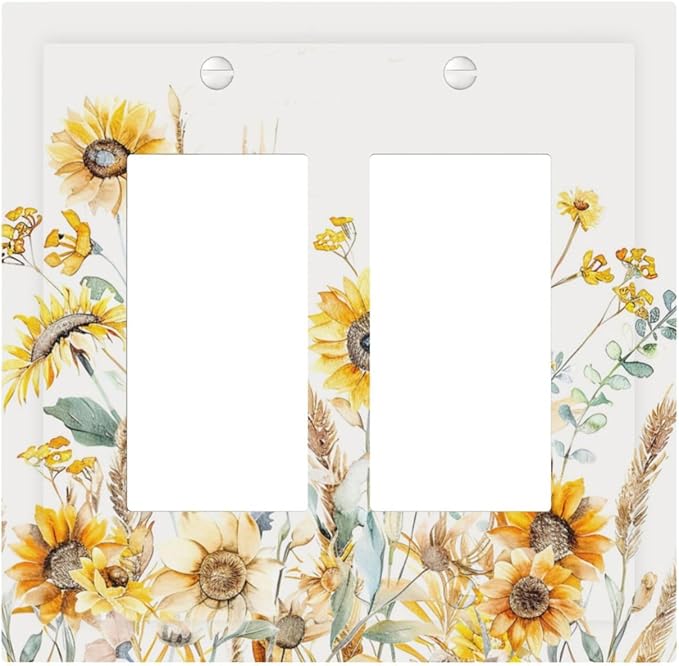 Yellow Floral Sunflowers Wheat Ears Watercolor Wild Flowers Decorative Outlet Covers 2 Gang Double GFCI Rocker Electrical Wall Panels Light Switch Cover Plate for Bedroom Living Room Decor