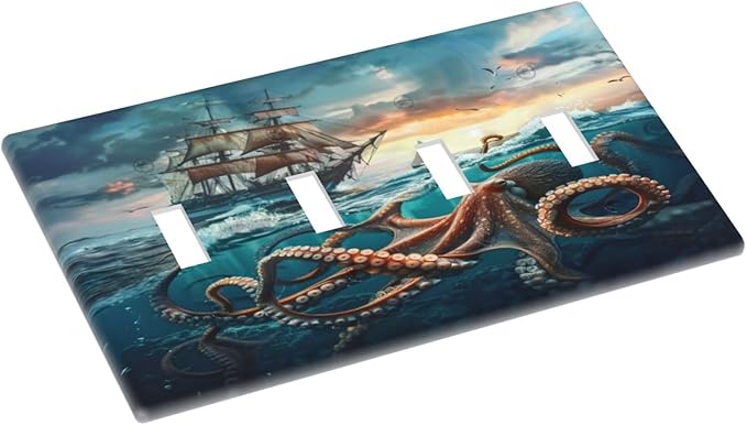 Light Switch Cover Plate Sailboat Ship Octopus Ocean Sea Waves 4 Gang Quad Toggle Decorative Switch Plates Electrical Wall Plates Faceplate for Bathroom Bedroom Decor