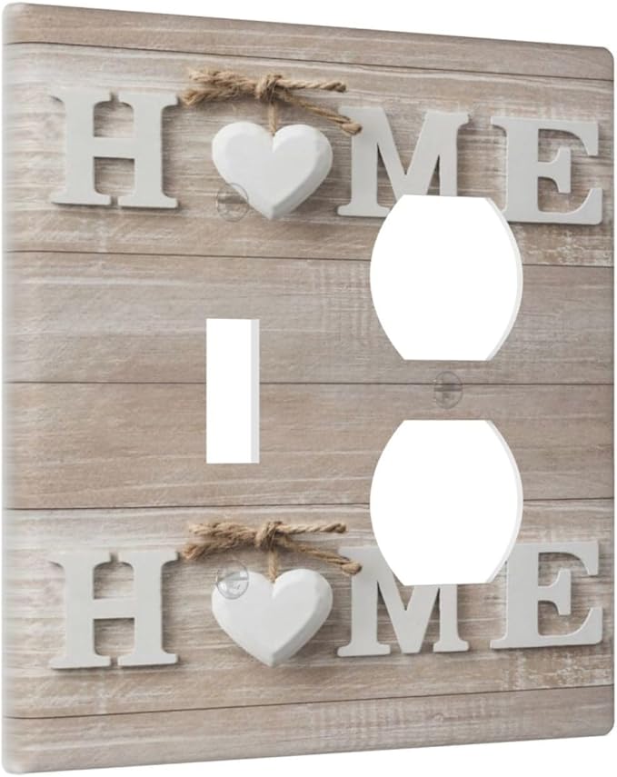 Family Vintage Country Wooden 2-Gang 1-Toggle 1-Duplex Device Combination Wallplate Sweet Home White/Brown Wood Sign Letter One Toggle Switch and One Duplex Receptacle Outlet Combo Light Switch Cover