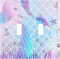 Colorful Cute Kids Girl Purple Pink Ocean Mermaid Tail Scale Conch Starfish Glitter 2 Gang Electrical Double Toggle Outlet Light Switch Wall Plate Decorative Receptacle Face Switchplate Cover Mid Size