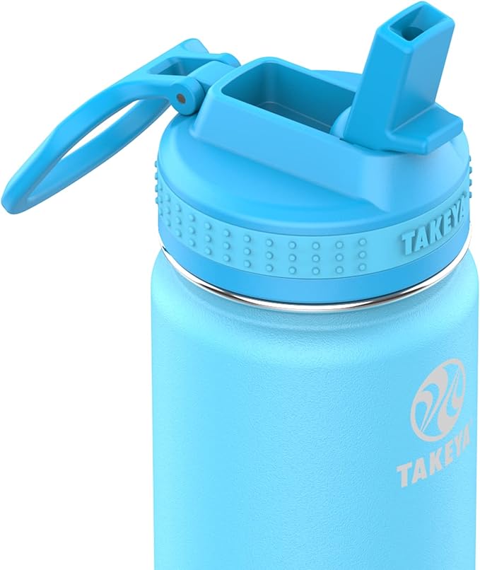 Takeya Actives Kids Water Bottle 14 oz Stainless Steel Double Wall Insulation BPA-Free Leakproof Straw Lid Easy Carry Handle Reusable Ideal for Boys and Girls, School, Sports - Atlantic Blue
