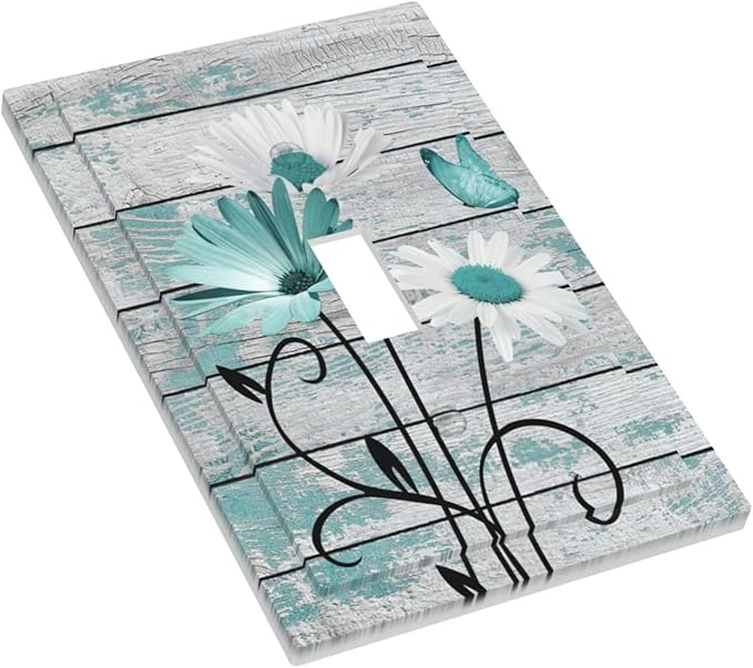 Teal White Daisy Flower Butterfly On Rustic Wood Board Decorative Light Switch Cover 1 Gang Single Toggle Device Electrical Faceplate Switchplates Decorator Outlet Wall Plate for Farmhouse Bedroom