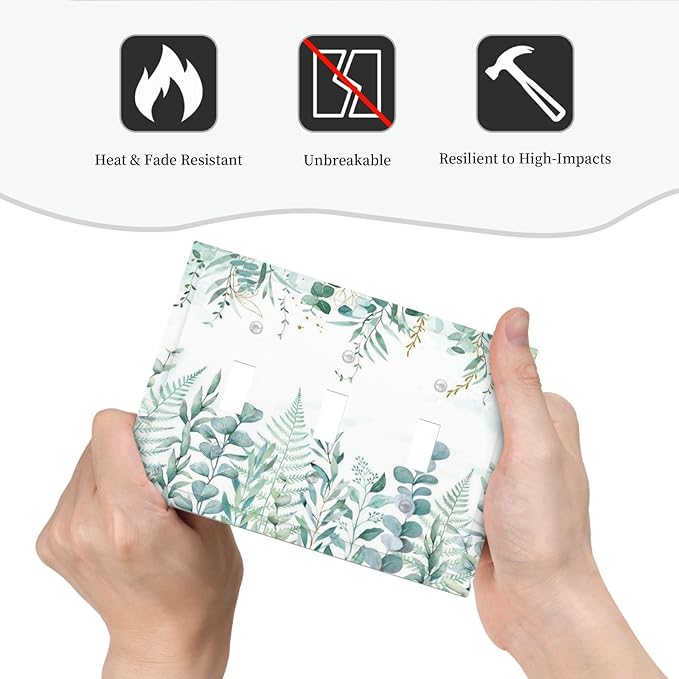 Boho Green Eucalyptus Leaf Floral Sage Flower Decorative Switch Plates 3 Gang Wall Plate Triple Toggle Light Switch Cover Faceplate Electrical Wall Panels for Bedroom Living Room Decor