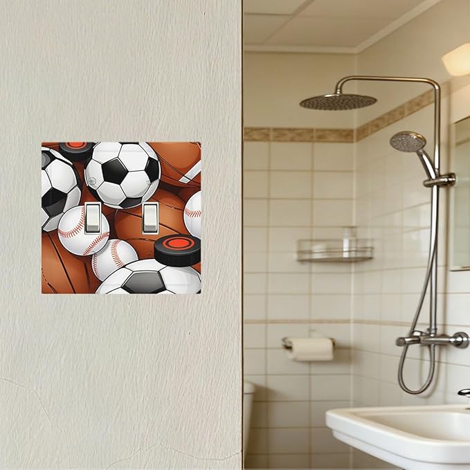 All-Star Sports Balls Collage Double Toggle Switch Cover - 2-Gang Standard US Size Football Baseball Soccer Game Day Themed Light Switch Covers for Boy's Bedroom Decor
