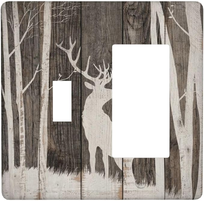 Vintage Wood Forest Deer Wildlife Animal Silhouette Outlet Covers 1 Toggle 1 Rocker Combination Decorative Wall Plate Electrical Switch Plates Light Switch Cover Plate for Farmhouse Home Decor