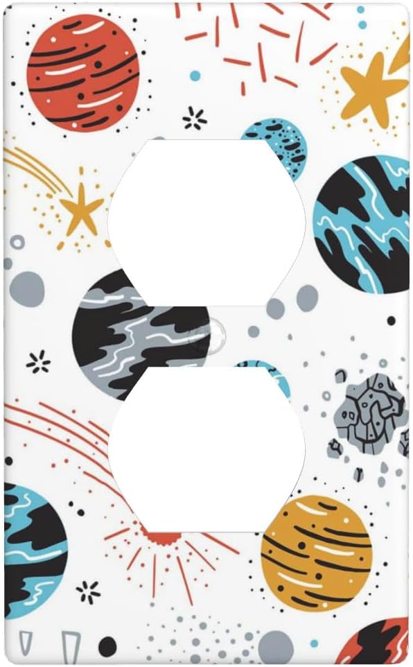 Space Planets Stars 1-Gang Duplex Wall Plate, Cartoon Space Outlet Cover Standard Size Decorative Faceplate for Kids Room, Playroom & Home Decor