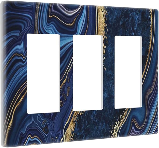 Navy Blue Marble 3 Gang Triple Rocker/Decor Light Switch Wall Plate Cover Decorative Electrical Faceplate For Boys Living Room Bedroom Decor Screwless 6.57" x 4.65