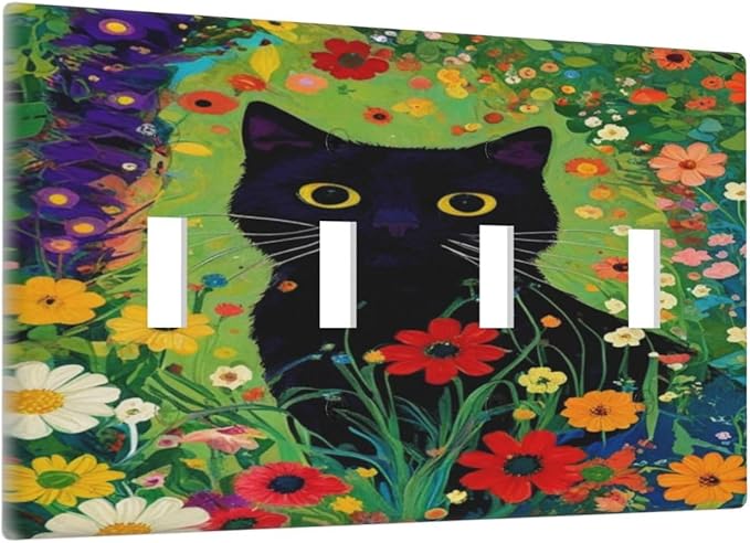 Decorative Art Light Switch Covers BlackCat&Flowers Quad Toggle 4 Gang Wall Plate Switch plate Electrical Faceplate for Home Decor