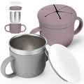 Mity rain 2-Pack Stainless Steel Snack Containers, 4-in-1 Spill proof Snack Cups With Silicone Lid and Handle, Dishwasher Safe Travel Snack Containers for Kids and Infants (Purple + Gray)