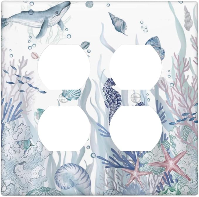 Ocean Themed Coral Seahorse Seashell Starfish Beach Outlet Covers 2 Gang Double Duplex Decorative Light Switch Covers Electrical Wallplates Socket Faceplate for Bathroom Home Decor