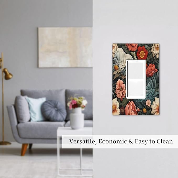 Decorative Outlet Covers Rooster Flowers Red White Chicken Floral 1 Gang Single Rocker Light Switch Cover Plate Wall Plates GFCI Faceplate for living Room Farmhouse Decor