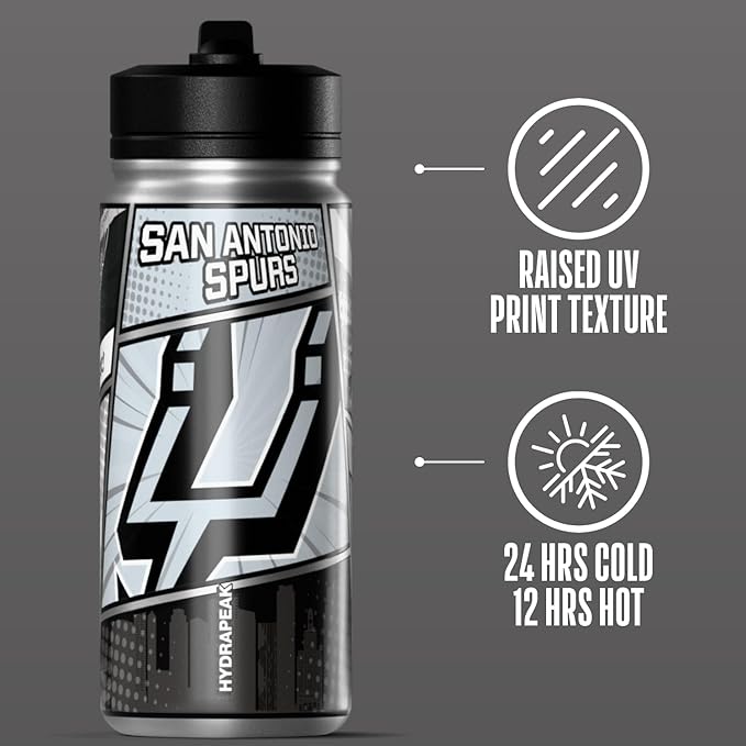 Hydrapeak x NBA San Antonio Spurs 20 oz Stainless Steel Water Bottle, Officially Licensed Double Wall Insulated Sports Bottle with Straw Lid, Reusable Leakproof Gift for Kids & Adults