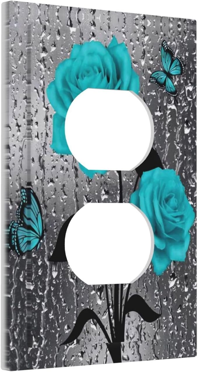 Teal Turquoise Blue Gray Grey Raindrop Rose Flower Floral 1 Device Gang Duplex Receptacle Wall Plate Outlet Cover Romantic Pretty Butterfly Electrical One Gang Dual Light Switch Faceplate Socket Cover