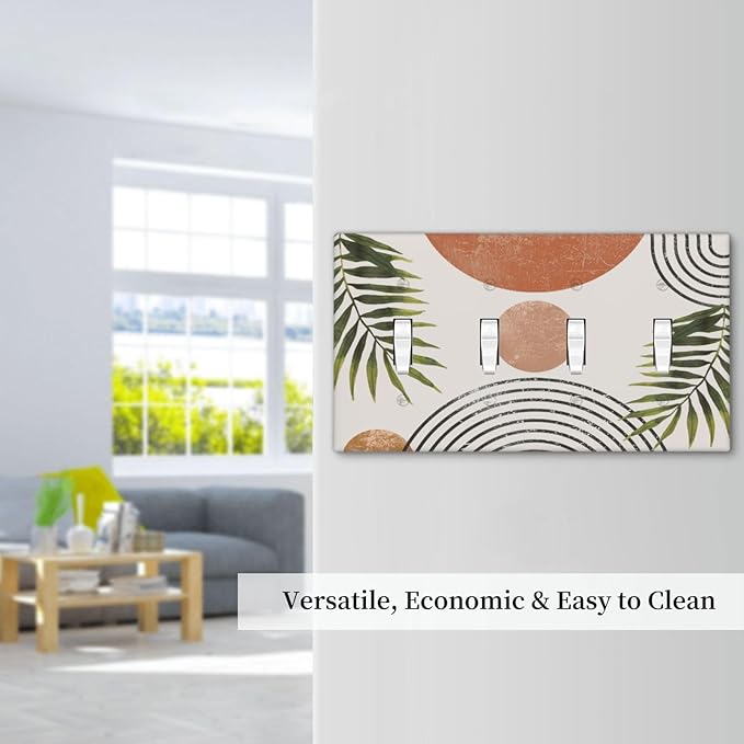 Beautiful Boho Mid Century Large Archs Sun Leaves Plants Light Switch Covers Quad Toggle Electrical Faceplate 4 Gang Wall Plate Decorative Switch Plates Cover for Bedroom Living Room Decor