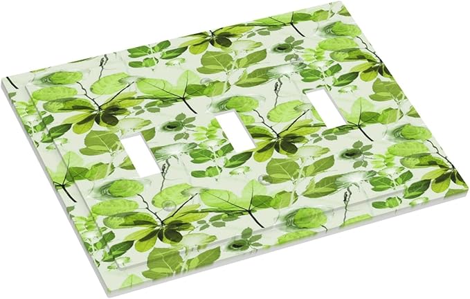 Green Leaves Spring Plant Floral Decorative Switch Plates 3 Gang Wall Plate Triple Toggle Light Switch Cover Faceplate Electrical Wall Panels for Bed Room Living Room Decor