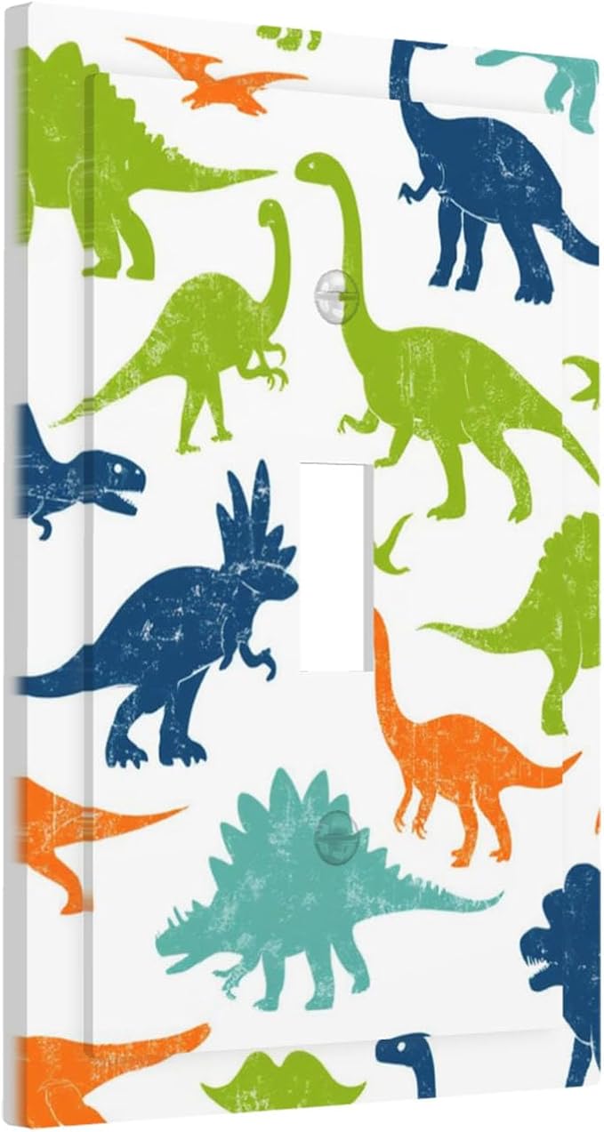 Colorful Dinosaur 1-Gang Toggle Light Switch Plate, Cute Dino Friends Decorative Wall Plate for Teen Boys Bedroom Playroom Decor