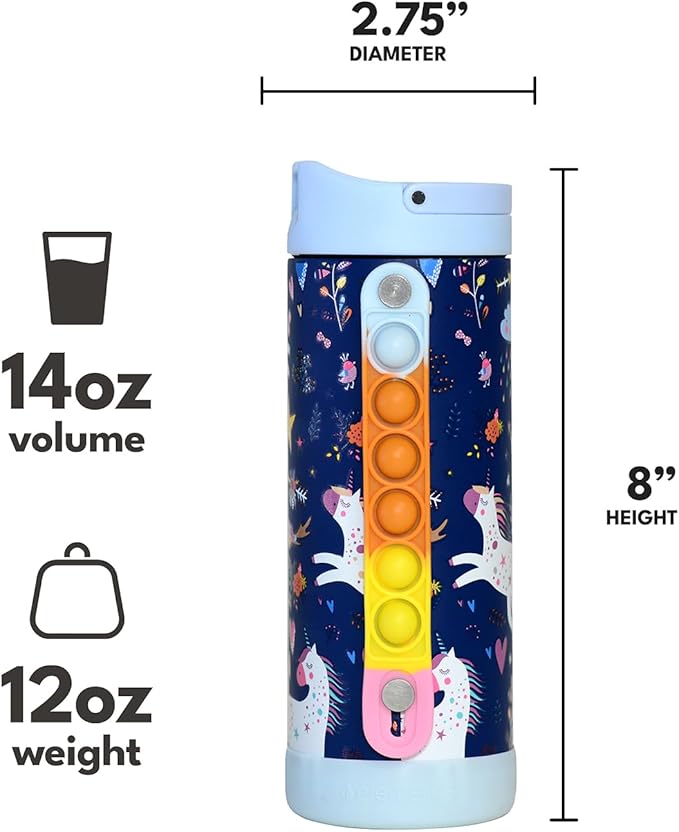 Elemental Iconic Kids Water Bottle for School - 100% Leak-Proof Insulated Water Bottles with Straw Lid & Pop-It Handle for Boys & Girls - Triple-Wall Insulated & BPA-Free, 14oz – Unicorn