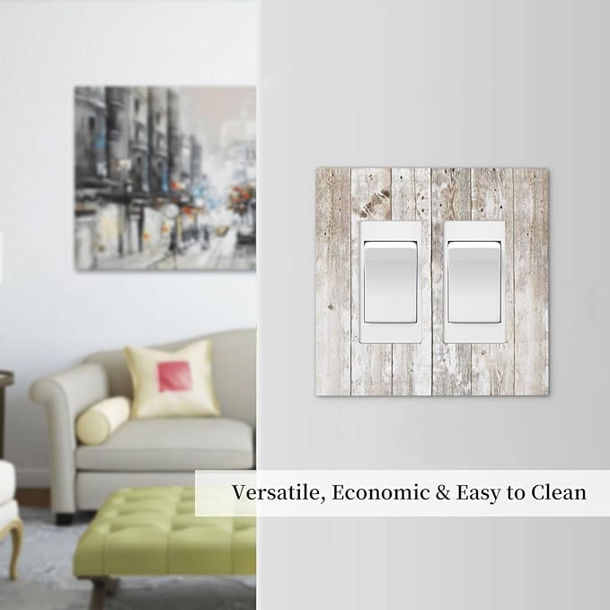 Vintage Light Wood Retro Rustic White Gray Oak Print Decorative Outlet Covers 2 Gang Double GFCI Rocker Electrical Wall Panels Light Switch Cover Plate for Farmhouse Home Decor