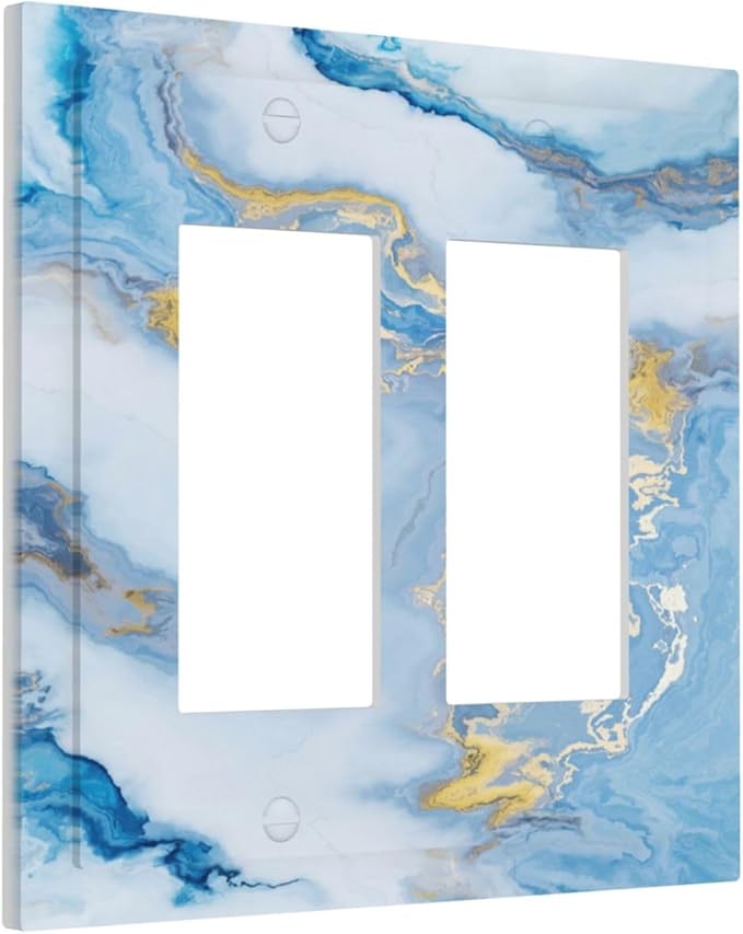 Beautiful Marble Texture Blue Gold Fluid Abstract Print Decorative Outlet Covers 2 Gang Double GFCI Rocker Electrical Wall Panels Light Switch Cover Plate for Bedroom Bathroom Decor