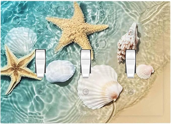 Decorative Switch Plates Beach Starfish Ocean Conch Cameo Shell 3 Gang Wall Plate Triple Toggle Light Switch Cover Faceplate Electrical Wall Panels For Decor Kids Room Decor