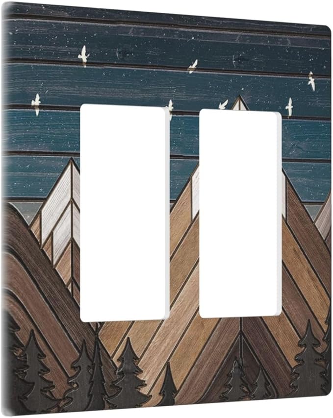 Rustic Geometric Mountain Wilderness Wood Light Switch Plate Cover 2 Gang Double Rocker Wall Plates Electrical Faceplates Decorative GFCI Outlet Covers for Bedroom Bathroom Kitchen Art Decor
