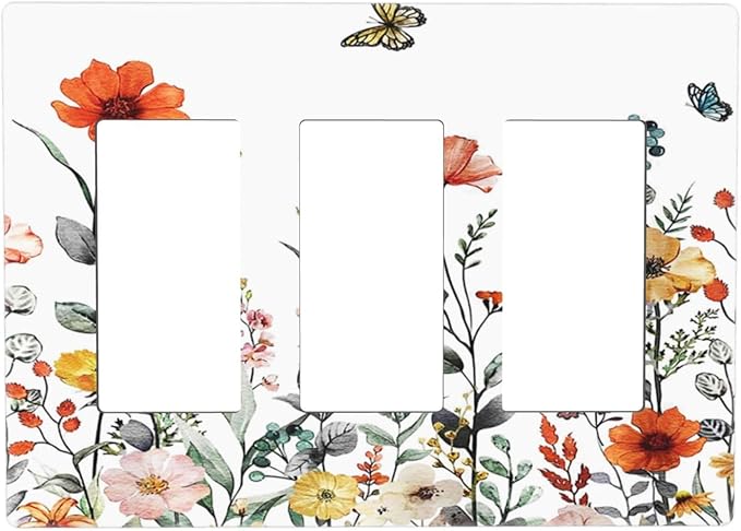 Colorful Butterfly Blossom Flower Floral Triple Decorator Light Switch Cover 3 Gang GFCI/Rocker Wallplate Decorative Electrical Faceplate Switchplate Dimmer Screwless