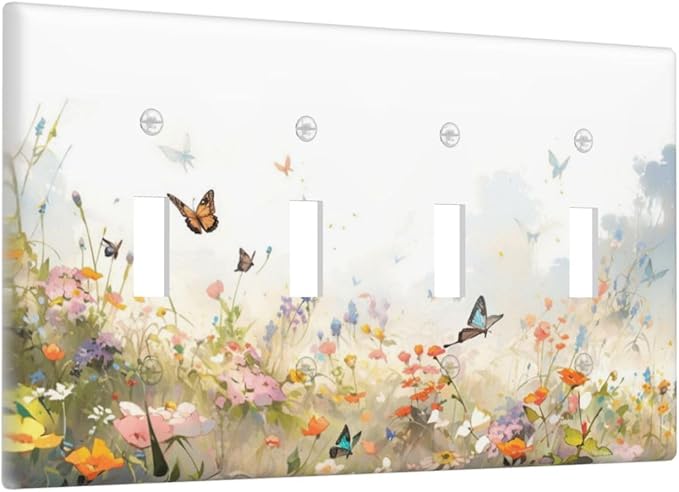 Wildflowers Watercolor Floral Colorful Butterfly Light Switch Covers Quad Toggle Electrical Faceplate 4 Gang Wall Plate Decorative Switch Plates for Farmhouse Bed Room Decor