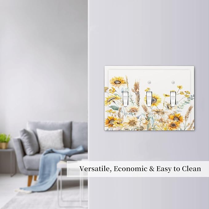 Yellow Floral Sunflowers Wheat Ears Watercolor Wild Flowers Decorative Switch Plates 3 Gang Wall Plate Triple Toggle Light Switch Cover Faceplate Electrical Wall Panels for Bedroom Living Room Decor