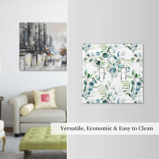 Green Eucalyptus Sage Leaves Toggle Light Switch Cover 2-Gang Elegant Watercolor Plant Floral Vine Olive Leaf Electrical Decorator Dual Device Face Wallplate Decorative Double Switch Plate Covers