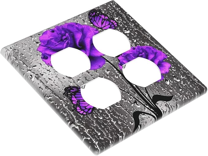 Fashion Purple Gray Blossom Flower Floral Art 2-Gang Device Duplex Wall Plate, Fashion Woman Love Grey Lady Rose Decorative Two Gang Double Duplex Receptacle Socket Outlet and Light Switch Cover Plate