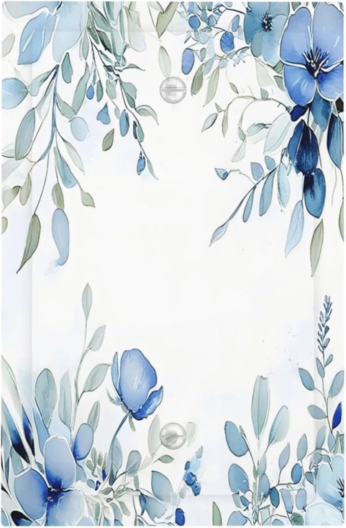 Watercolor Blue Flower Plant Floral Green Leaves Light Switch Cover Plate 1 Gang No Device Blank Electrical Wall Plates Faceplate Decorative Switch Plate for Bedroom Living Room Decor