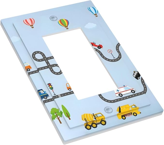 Road Construction Car Truck Hot Air Balloon Decorative Outlet Covers 1 Gang Single Rocker Light Switch Cover Plate Wall Plates GFCI Faceplate for Nursery Kids Room Decor