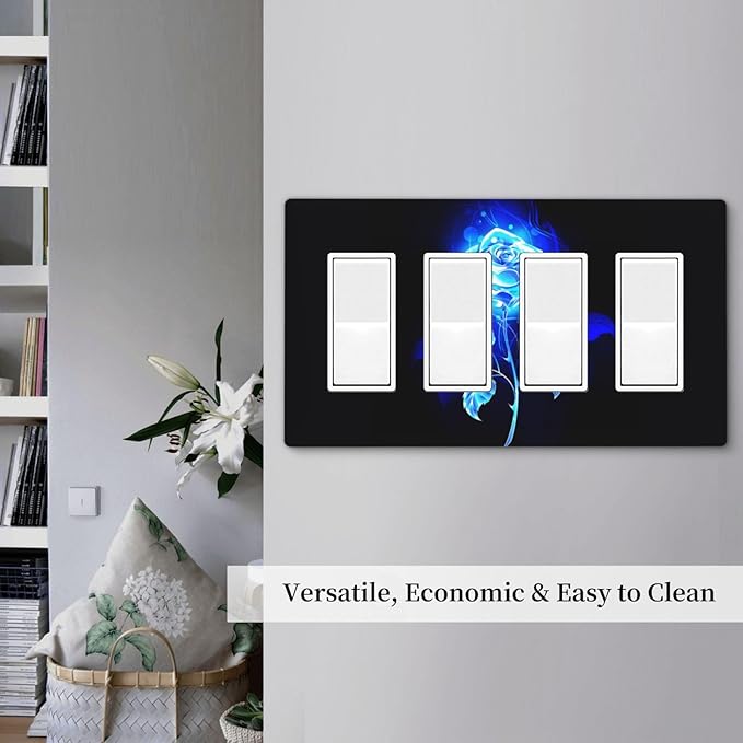 Blue Golden Rose Flower 4 Gang Quad Rocker Light Switch Cover Plate Decorative Electric Faceplate Switchplate Living Room Bedroom Decorate Jumbo Screwless