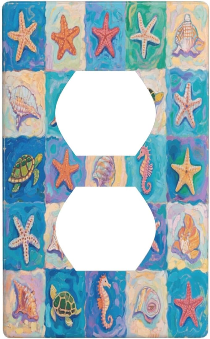 Sea Turtle Starfish Ocean Single Duplex Receptacle Outlet Cover Wall Plate Decorative 1 Gang Light Switch Covers Electrical Switchplate Home Decorate Faceplat for Bathroom Bedroom Kitchen Room