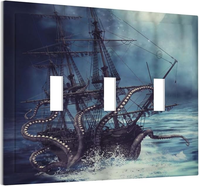 Octopus Ocean Kraken Nautical Pirate Ship 3 Gang Light Switch Covers Decorative Unique Triple Toggle Wall Plate Electrical Faceplate Switchplate for Kitchen Bathroom Bedroom Home Decor