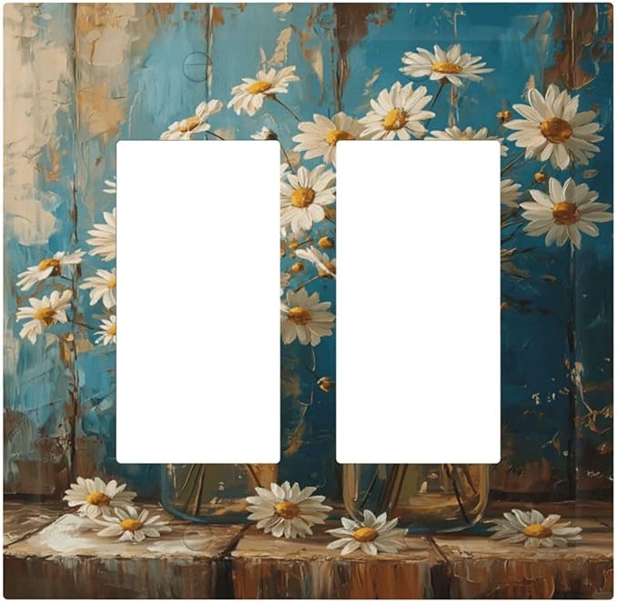 Delicate White Daisy Jars Retro Wood Background Decorative Outlet Covers 2 Gang Double GFCI Rocker Electrical Wall Panels Light Switch Cover Plate for Farmhouse Home Decor