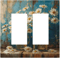 Delicate White Daisy Jars Retro Wood Background Decorative Outlet Covers 2 Gang Double GFCI Rocker Electrical Wall Panels Light Switch Cover Plate for Farmhouse Home Decor
