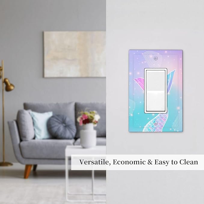 Mermaid Single Light Switch Cover Plate Rainbow Tail Scales Jelly Fish 1 Gang Rocker Outlet Covers Decorative Electrical GFCI Wallplate for Nursery Girls Boys Room Kids Room Décor