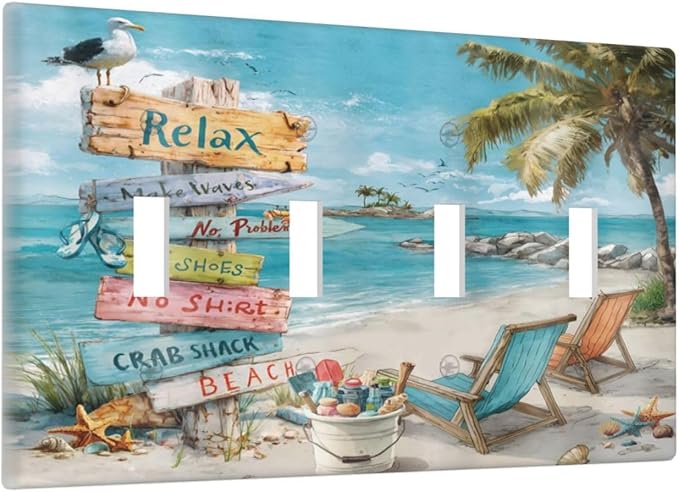 Ocean Beach Tropical Palm Tree Coastal Seaside Light Switch Covers Quad Toggle Electrical Faceplate 4 Gang Wall Plate Decorative Switch Plates Cover for Kids Room Living Room Decor