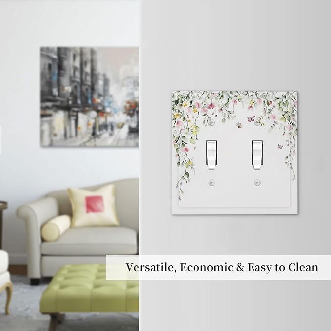 Watercolor Flowers Vine Colorful Butterfly Floral Decorative Switch Plates 2 Gang Double Toggle Outlet Light Switch Cover Wall Plate Electrical Faceplate For Bed Room Living Room Decor