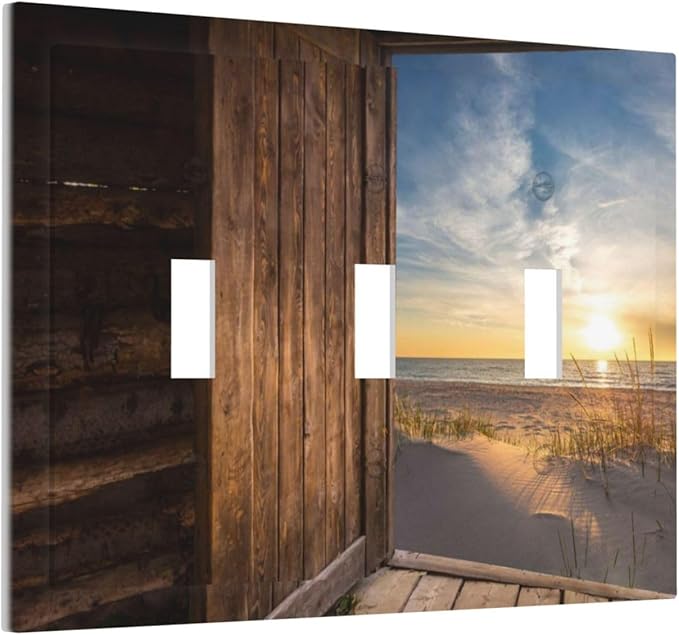 Sun Beach Grass Ocean Landscape Triple Toggle Light Switch Cover 3 Gang Wall Plate Decorative Farmhouse Western Brown Barn Door Electrical Facplate for Bathroom Kitchen Home 6.7" x 4.8"