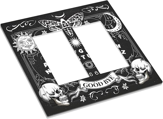 Black Witchy Skeleton Skull Gothic Sun Moon Decorative Outlet Covers 2 Gang Double GFCI Rocker Electrical Wall Panels Light Switch Cover Plate for Bedroom Living Room Decor