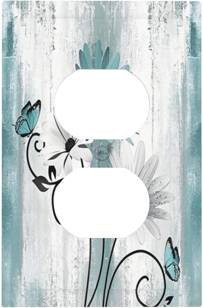 Decorative Outlet Covers Teal Daisy Floral Butterfly Vintage Wood 1 Gang Duplex Light Switch Cover Plate Electrical Switch plates WallPlates Socket Covers for Bathroom Bedroom Decor