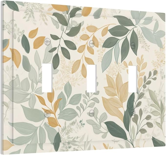 Boho Watercolor Leaves 3 Gang Light Switch Cover Watercolor Green Botanical Triple Toggle Wall Plate Decorative Electrical Switchplates Faceplate for Country Bedroom Kitchen Home Decor