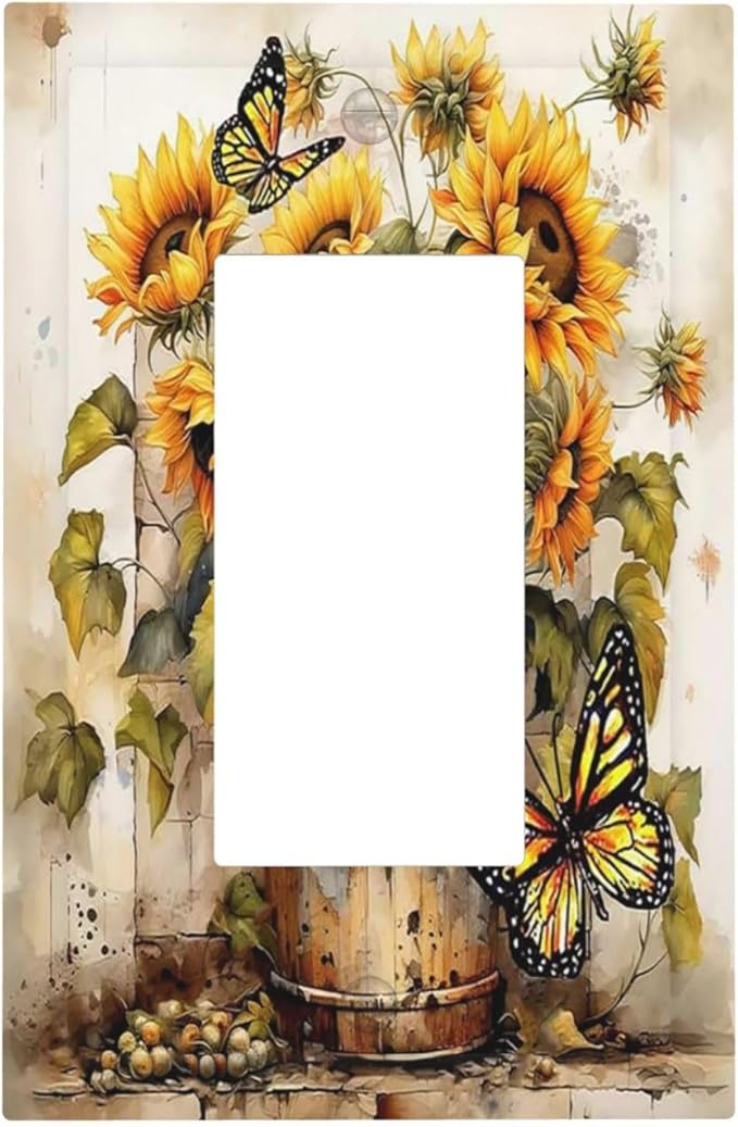 Decorative Outlet Covers Rustic Vintage Sunflower Bouquet Butterfly 1 Gang Single Rocker Light Switch Cover Plate Wall Plates GFCI Faceplate for Farmhouse Cabin Decor