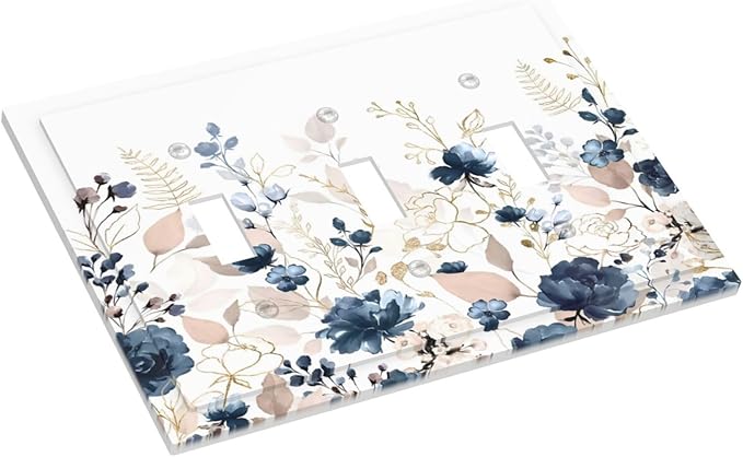 Blue Flora Boho Vintage Flower Golden Leaves Decorative Switch Plates 3 Gang Wall Plate Triple Toggle Light Switch Cover Faceplate Electrical Wall Panels for Bedroom Living Room Decor
