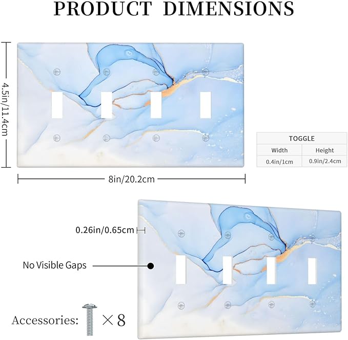 Modern Art Blue Gold Marble Abstract Luxury Print Light Switch Covers Quad Toggle Electrical Faceplate 4 Gang Wall Plate Decorative Switch Plates Cover for Bathroom Living Room Decor